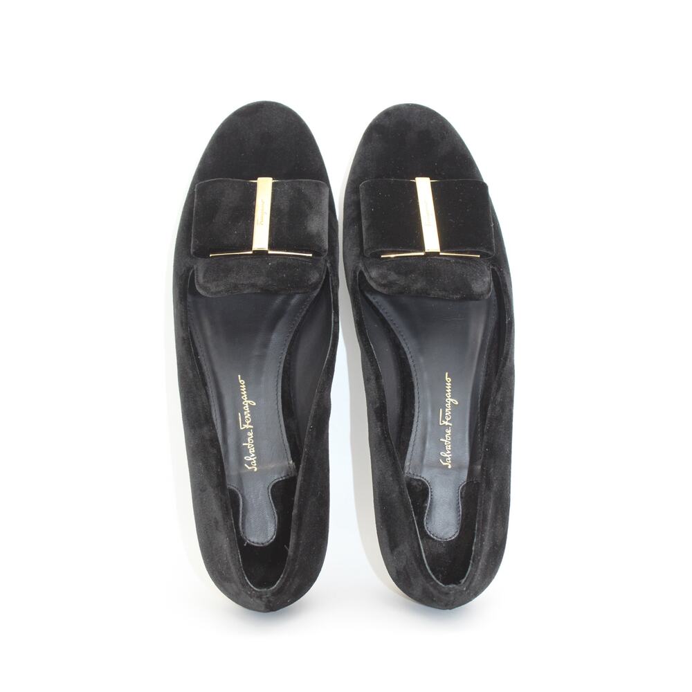 Salvatore Ferragamo Black Velvet Suede Gold Flats Flower Heel Shoes Size 8 - Picture 7 of 13